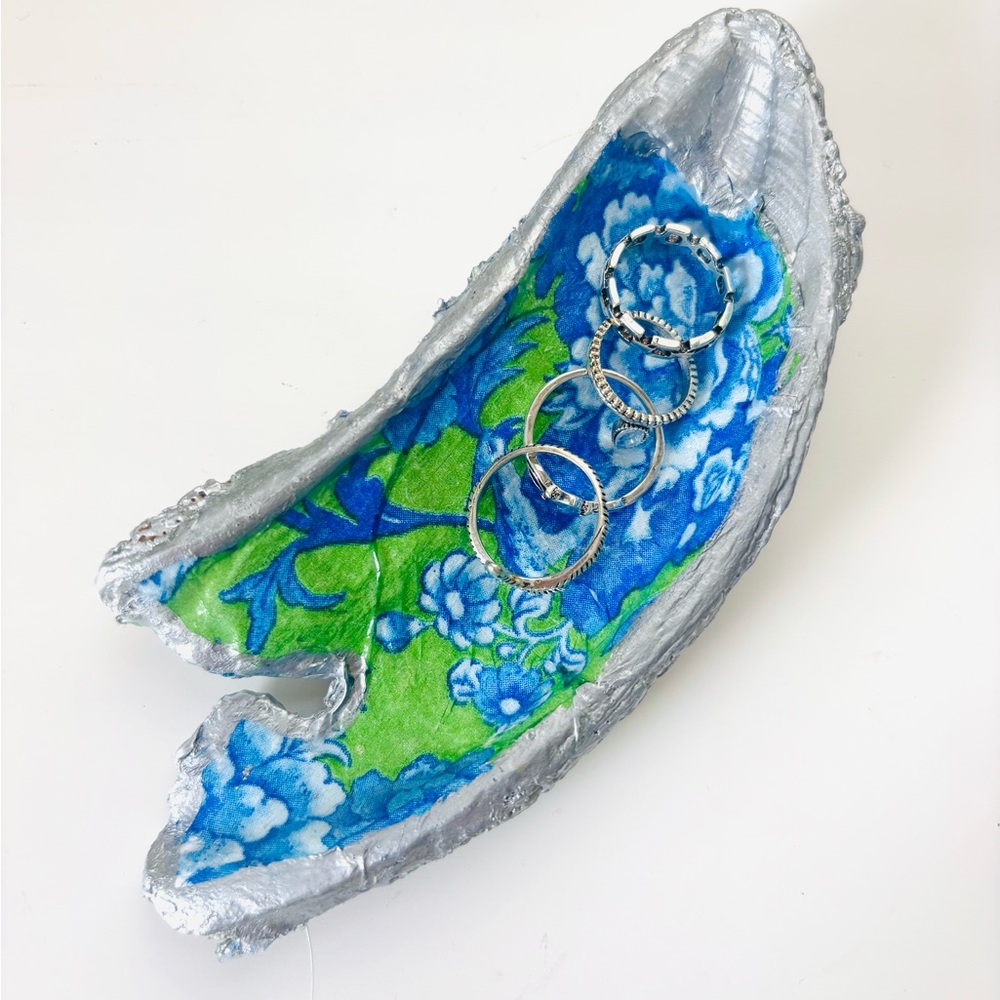 Handmade Oyster Shell Trinket Dish W/ Green and Blue Floral Decoupage Design